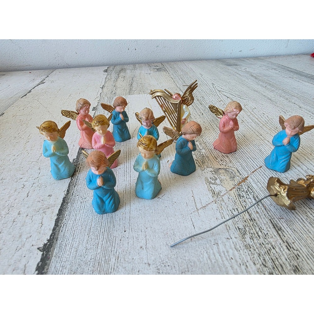 Vintage plastic crane boy girl Angel cheer up mini village statue figurine